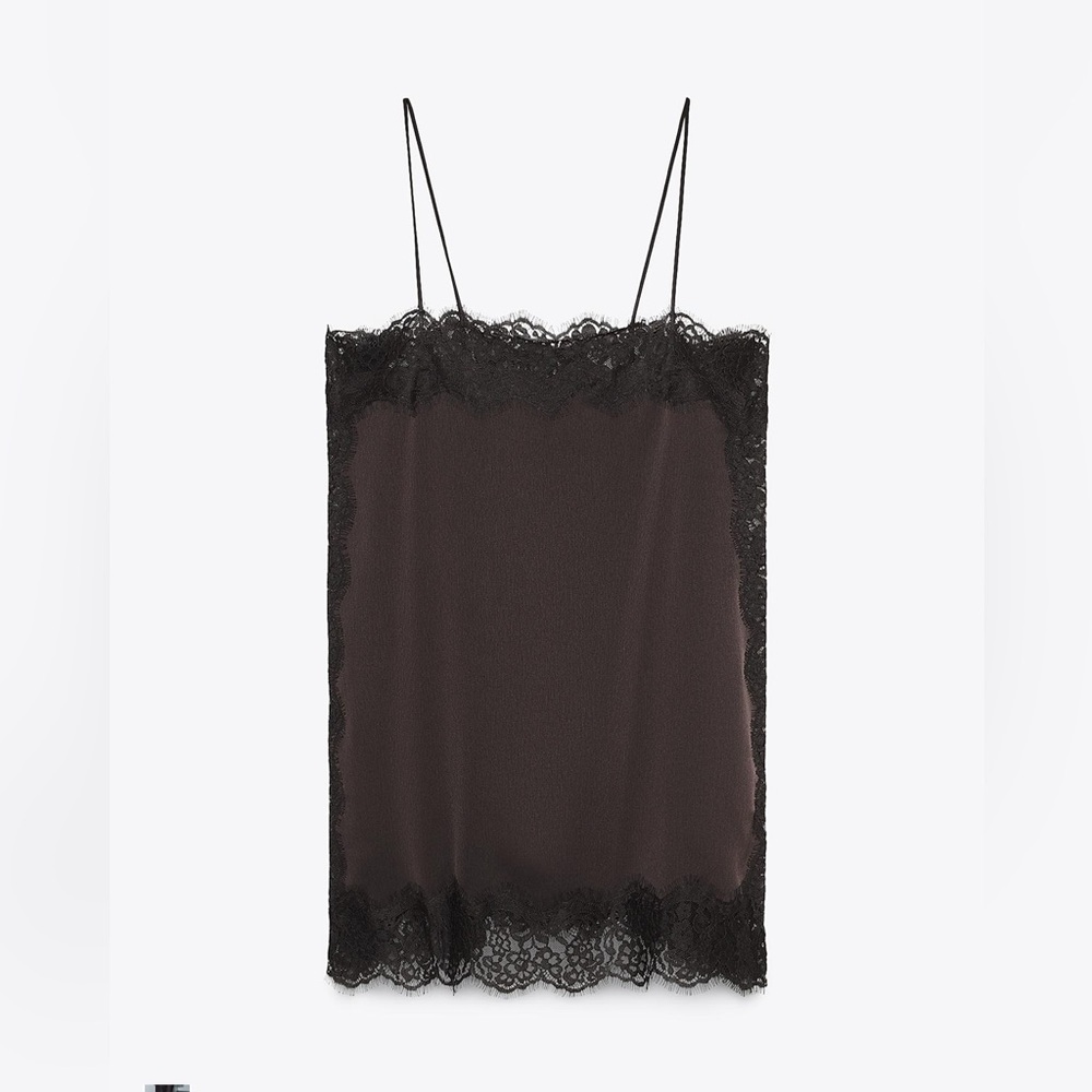 Zara SATIN EFFECT LACE TOP dark brown